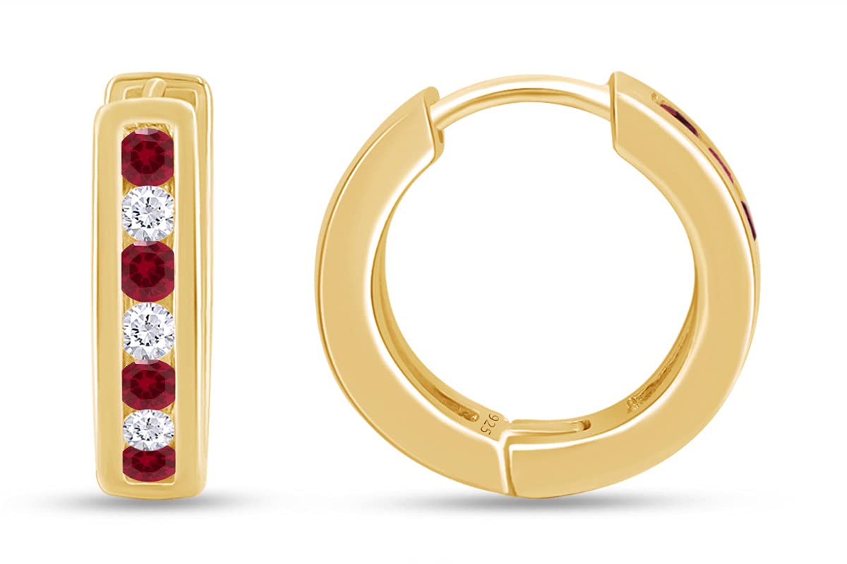 Huggie Earrings for Women, 14K Yellow Gold Over Sterling Silver Hoop Earrings with Simulated Ruby and White Cubic Zirconia, Dainty Elegant Jewelry Gift