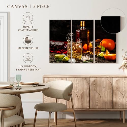 ElephantStock - Citrus Whiskey And Cigar Wall Art - Horizontal Multi Panel Canvas - 3 Piece Living Room Wall Decor - Photography Food And Drink Multi Piece Wall Art - Brown And Gray Decor - 45" x 28" - size: 45L" x 28W"