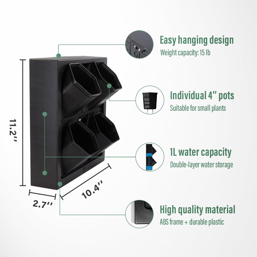 Inspiration Jungle Self Watering Wall Planter with 4 Pots - Easy to Create Indoor Living Wall for Home, Office and Shop Front - Includes Water Gauge (Black)