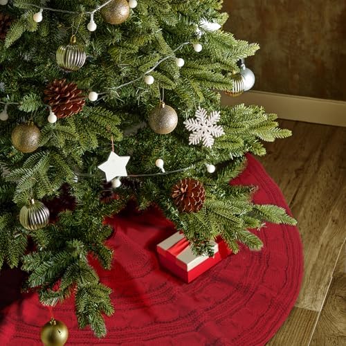 Knitted Christmas Tree Skirt,48 Inch Knit Christmas Tree Skirt Red Burgundy Tree Skirt Cable Knit Xmas Tree Skirt for Holiday Decoration