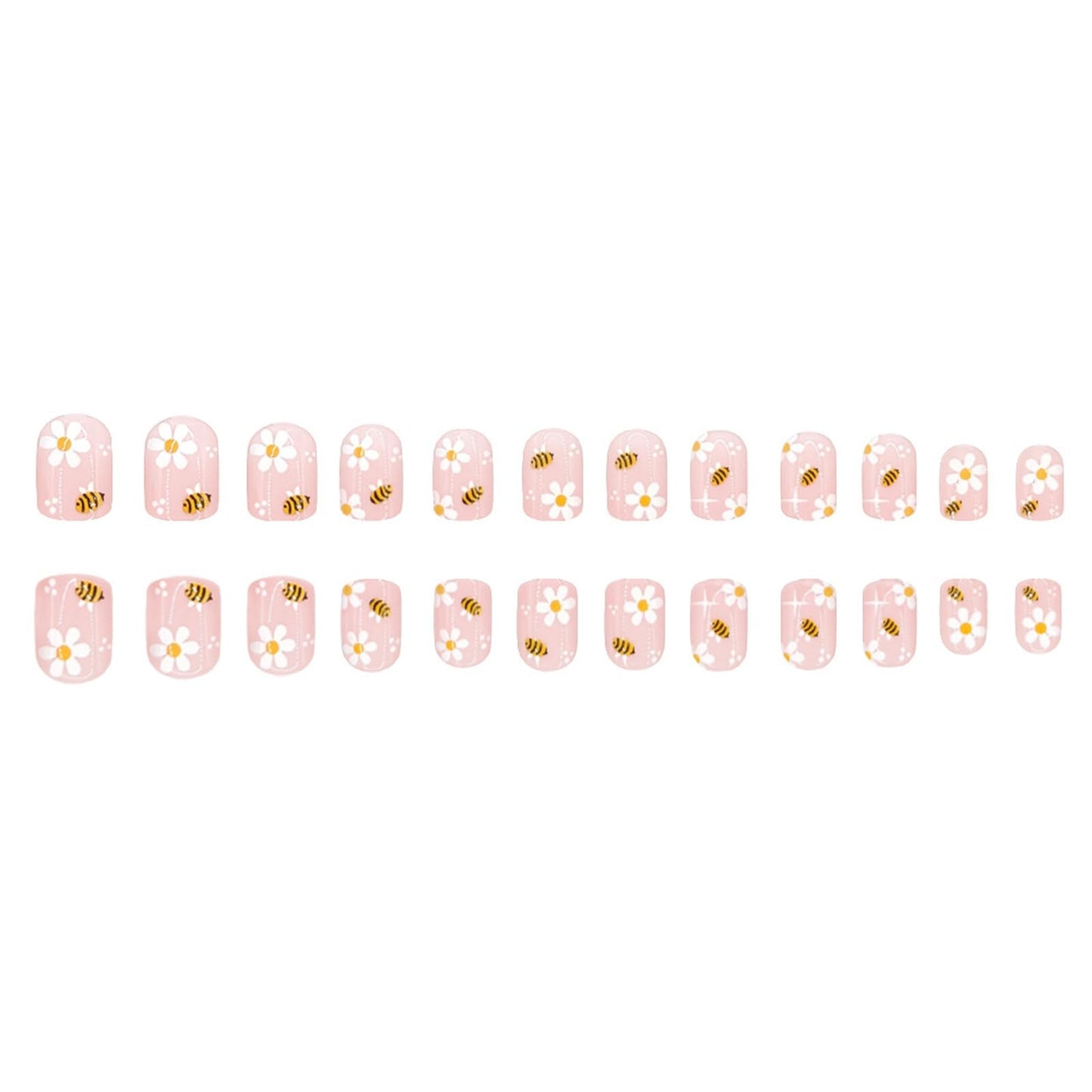 Bee Daisy Press on Nails Short Square Design Soft Nude Base with Cute Daisy Flower Patterns Glossy Finish Reusable Spring Summer Floral Stick on Nails Suitable for Casual Looks Artificial Nails 24 Pcs