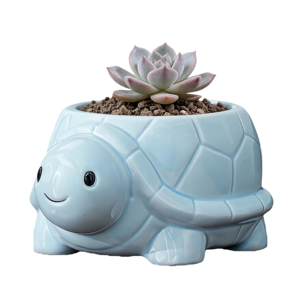 SJBAG Turtle Shaped Ceramic Succulent Planter with Drainage Holes, Hand - Painted Animal Pot for Indoor Cactus & Succulents, Unique Home Decor & Gift (4.3" Blue)