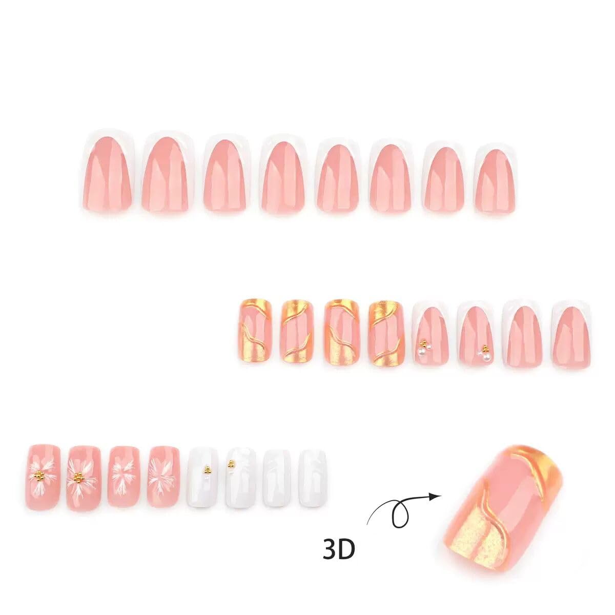 Square Press on Nails Medium - White French Tip Fake Nails with 3D Flower Wave Design- Elegant Full Cover Stick on False Nails for Women - 24 Pcs