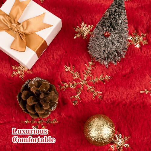 28" Red Plush Faux Fur Christmas Tree Skirt with Gold Sequin Snowflakes