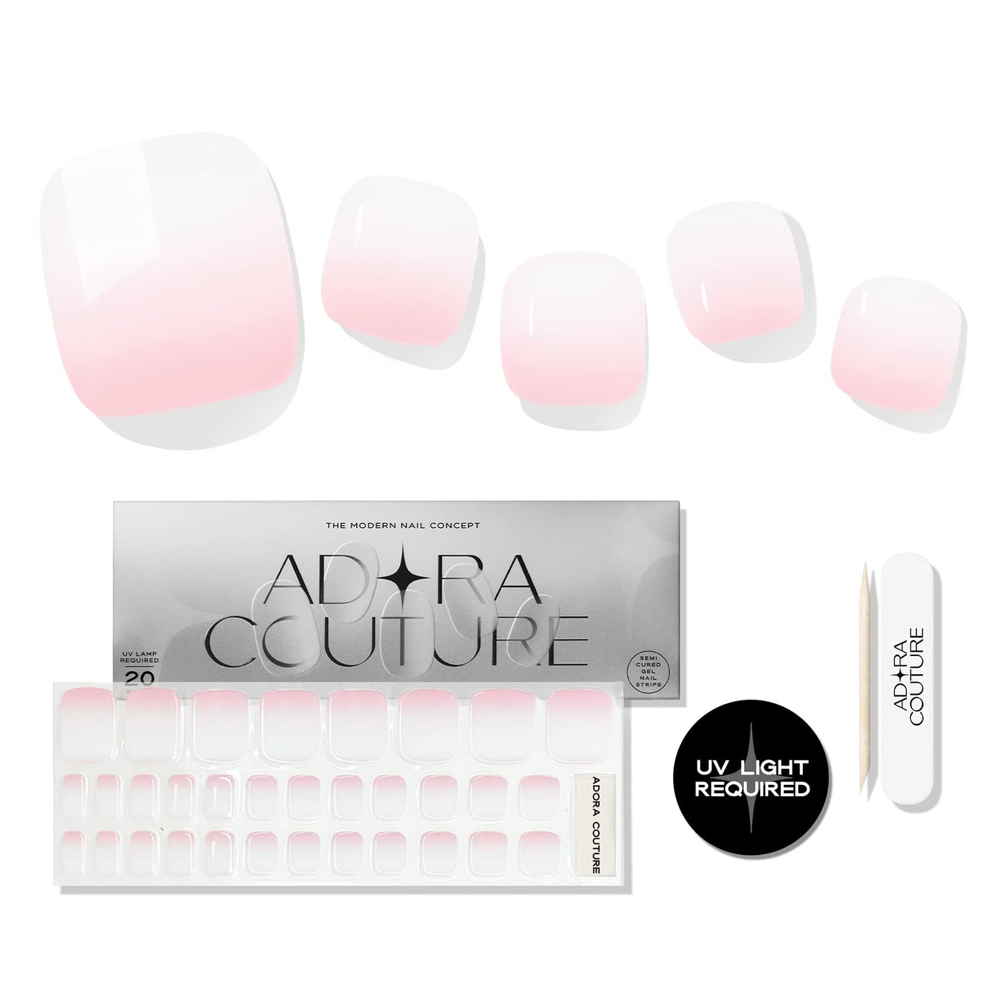 Adora Couture Semi Cured Gel Nail Strips - 32 pcs Gel Pedicure Stickers, Easy to Apply & Remove Toenail Stickers, Salon Quality At Home & Long Lasting - UV Nail Lamp Required - Pink White P