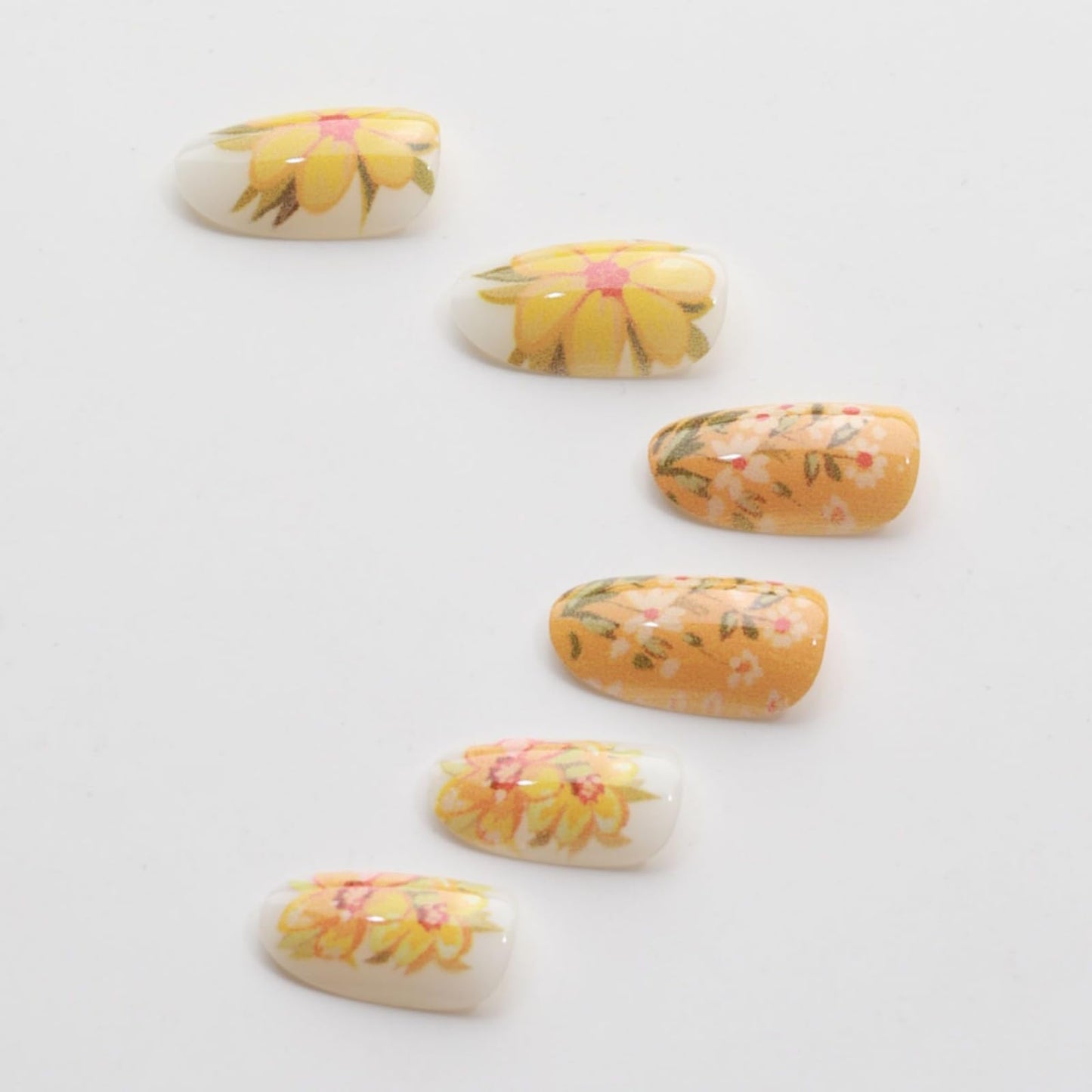 Short Press on Nails Almond Fake Nails Yellow False Nails Floral Artificial Nails with Flowers Designs Stick on Nails for Women 24pcs