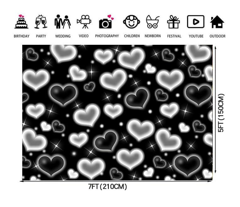 7X5ft Black White Heart Backdrop Aesthetic Love Photography Background Cute Hearts Pattern Photo Booth Banner for Valentine's Day Birthday Party Room Decoration - size: Black