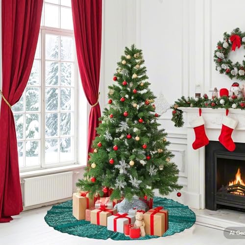 Poise3EHome Teal Christmas Tree Skirt, 36 Inch Sequin Tree Skirt