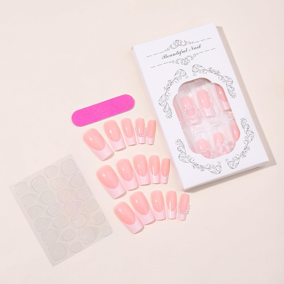 Coffin Press on Nails Medium - White French Tip Fake Nails with Bow Pearl Design - Heart Stick on Nails Press ons - for Women 24 Pcs