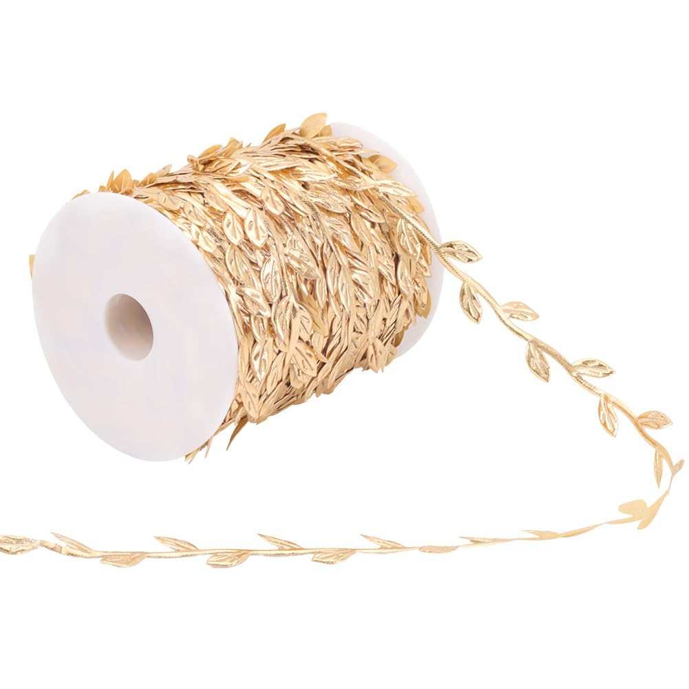 CABODYALS 100 Yards Gold Leaves Trim Rope Ribbon Artificial Metallic Glitter Golden Leaf String Vine Spool Decorative Garland Fabric Ribbons Bulk for Sewing Making Gift Wrapping Wreaths Wedding Crafts