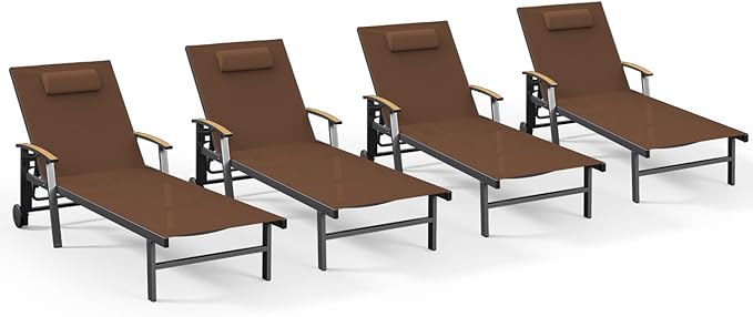 Ciokea Outdoor Lounge Chair with Pillow Set of 4, 5-Position Chaise Lounge with Wheels & Armrests, 400 lbs Heavy Duty Aluminum Pool Lounge Chairs, for Beach, Deck, Poolside & Backyard, Brown