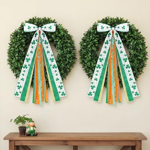 2 Pcs St Patricks Day Clover Ribbon Bow for Wreath Sash for Front Door