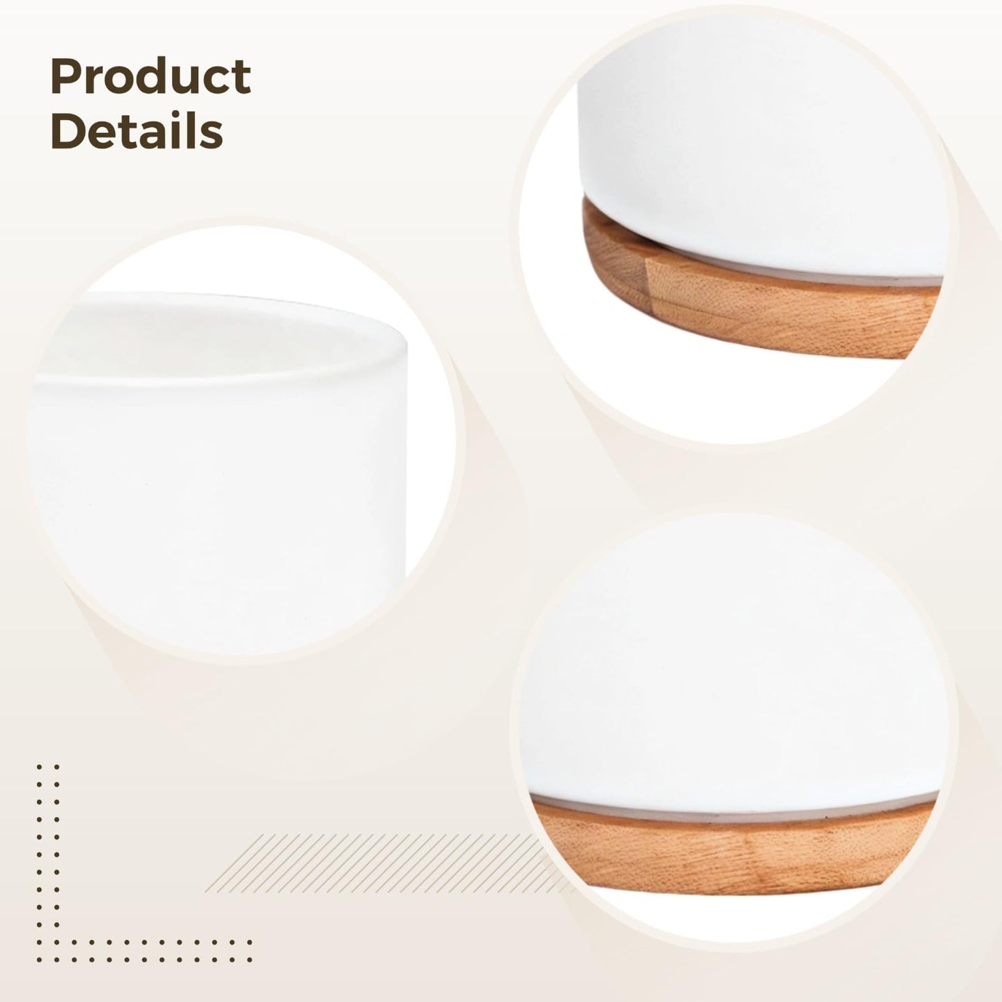 Set of 3 White Ceramic Pots for Succulents with Bamboo Trays for Home Decoration