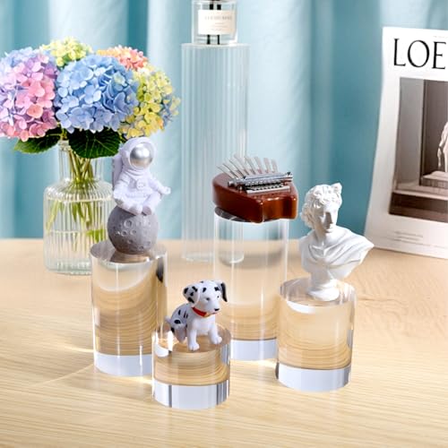 Hacaroa 4 Pcs Acrylic Cylinder Risers Display Stand, Clear Polished Round Display Blocks Transparent Photo Props, Mini Solid Pedestal Base for Jewelry, Perfumes, Figurines, 4 Sizes