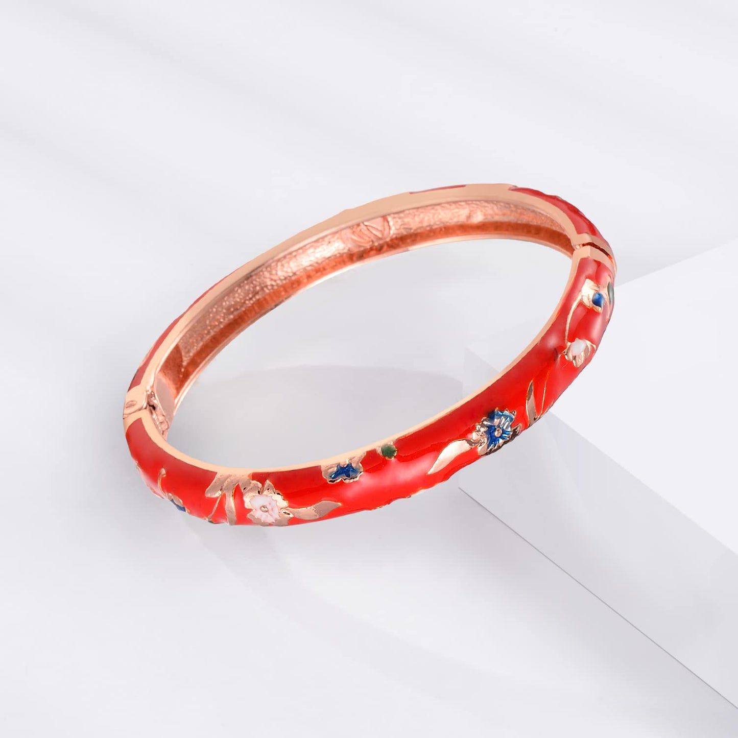 UJOY Indian Jewelry for Women Rose Enameled Flower Bracelets Set Cloisonne Cuff Bangle 55A111-55B31 red