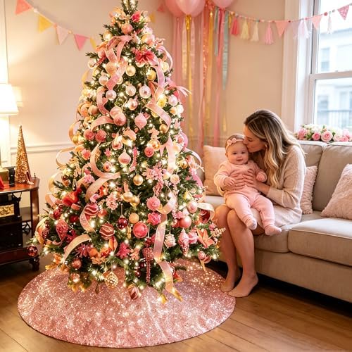 yuboo Rose Gold Summertree Skirt, 48 Inch Sequin Glitter Pink Tree Skirt Mat for Party Wedding Birthday Decor Decorations for the Home