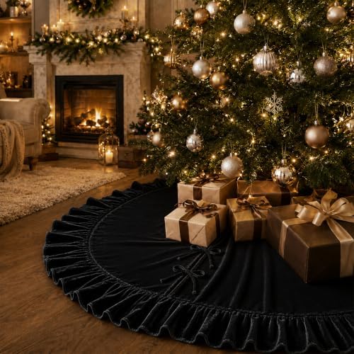 Christmas Tree Skirt,Velvet Tree Skirt with Ruffled Edge, Classic Large Velvet Fur Plush Tree Skirt for Merry Christmas(Black,36Inch)