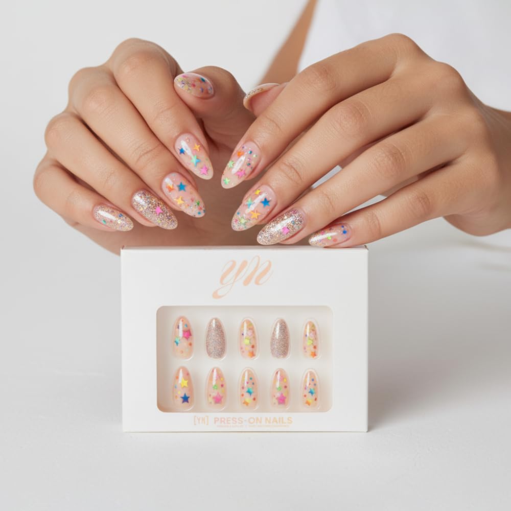 YN Young Nails Press On Nails - Glue On Fake Nails for Women,Medium Oval Shape, Includes Nail Glue, File, Tabs, Quick and Easy Application (Rainbow Orbit)