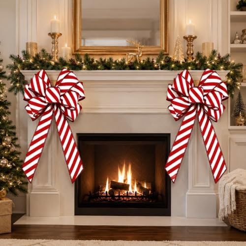 2 Pack Christmas Wreath Bows, Red White Candy Stripe, 11 x 21 Inch Set