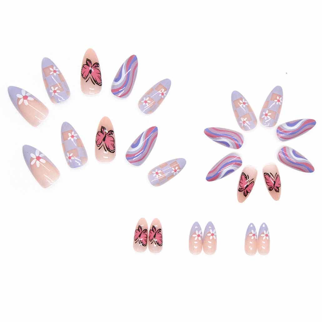 Foccna Butterfly Press on Nails Medium, Amlond Fake Nails Acrylic False Pink Nails,Artificial Nails for Women and Girls 24 pcs