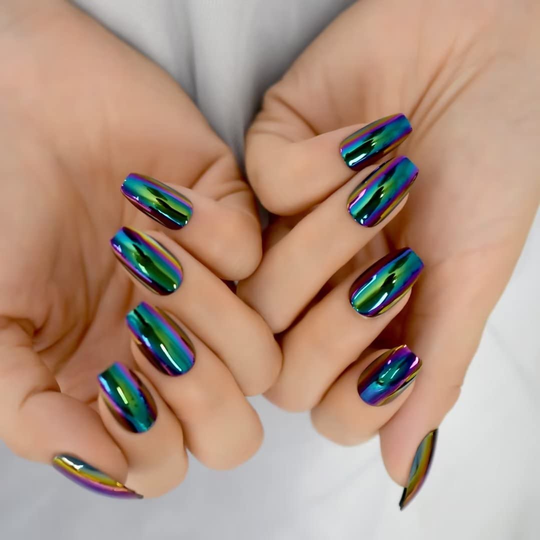 iBeautying Press on Nails - Chrome Magic Mirror Effect Green Purple Holo False Nails | Metallic Punk Medium Coffin Reusable Wear Fake Nails in 10 Sizes - 24 Nail Kit with Jelly Glue Pad