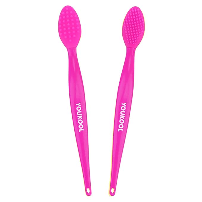Lip Scrub Brush,Double-Sided Silicone Exfoliating Lip Brush Tool for Smoother and Fuller Lip Appearance,Fuchsia,2pcs