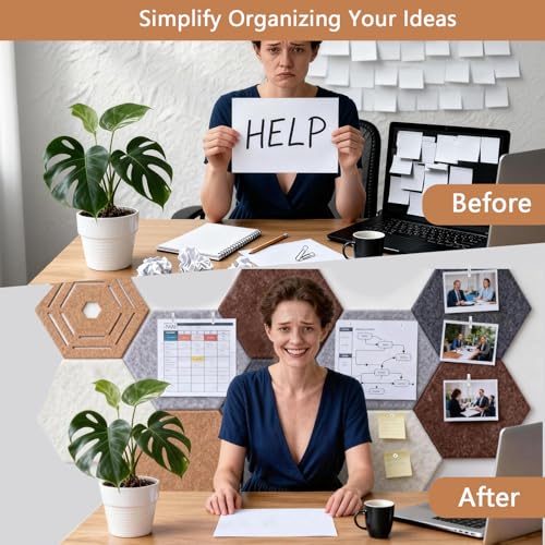 10 Pcs Hexagon Bulletin Board,11.8x10.23x0.47inch Self-Adhesive Felt Bulletin Board Tiles Pinboard Boho Home Office Wall Decor Pin Display Boards for Vision Photo Memo (40 Push Pins,10 Clips,10 Hooks)