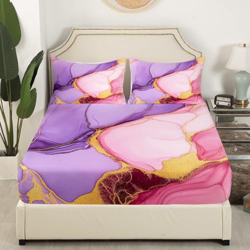 Marble Sheet Set - Pink Purple Gold Bed Sheets,Soft Modern Marble Texture Pattern Sheets,King Size 4-Piece Girly Bedding Sheets & Pillowcases Sets (1 Fitted Sheet,1 Top Sheet,2 Pillowcases) - color: Multi 01, size: King