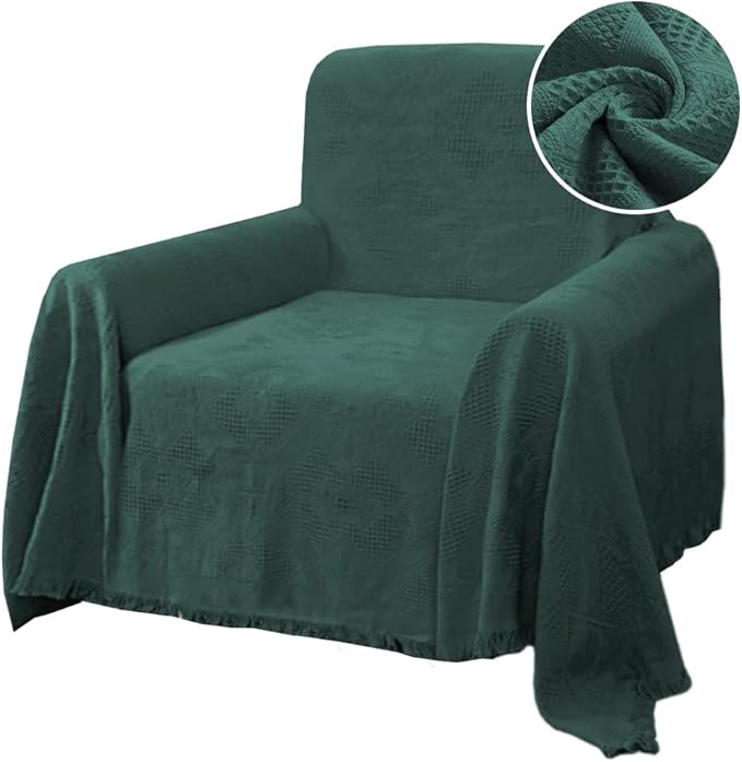 H.VERSAILTEX Cotton Sofa Covers Couch Cover Sofa Slipcover for Most Shape Sofas, Feature Thick Woven Jacquard Seamless with Tassels, Multi-Use Decorative for Couch (Medium: 71" x 91", Green)