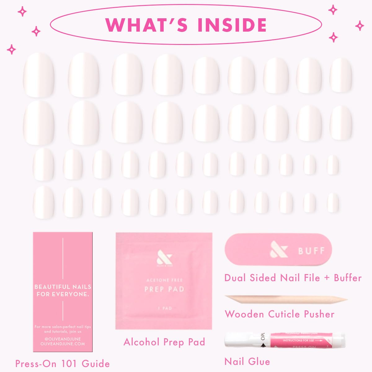 Olive & June Instant Mani Press-On Nails (Glue) | 42 Fake Nails, 21 Sizes | Non-Toxic Long-Lasting Recycled Materials Realistic Look | Salon-Quality at Home | Extra Short, Round | White Chrome