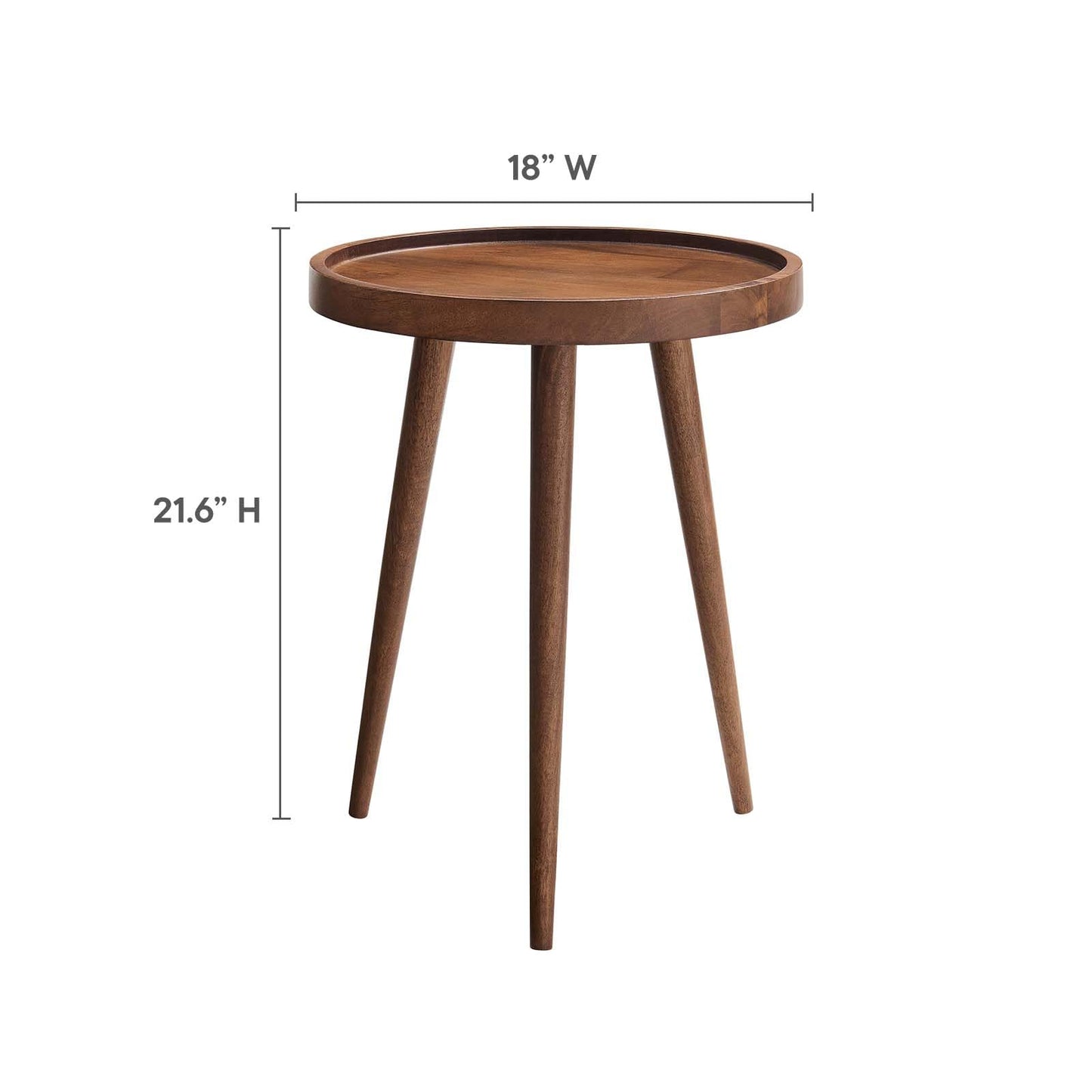 Modway Chiro Solid Wood Side Table in Walnut with Tray Top - Mid-Century Modern Round Accent Table - Small Bedside Table with Tapered Legs - Living Room End Table