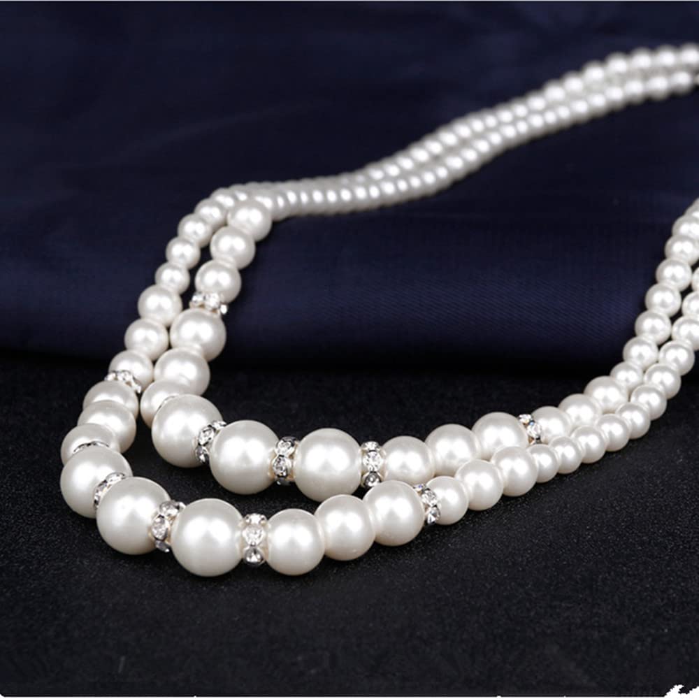 tenghong2021 Fashion Classic Faux Pearl Jewelry Set Necklace Bracelet Earrings for Women Best Gift (White Double Layered)
