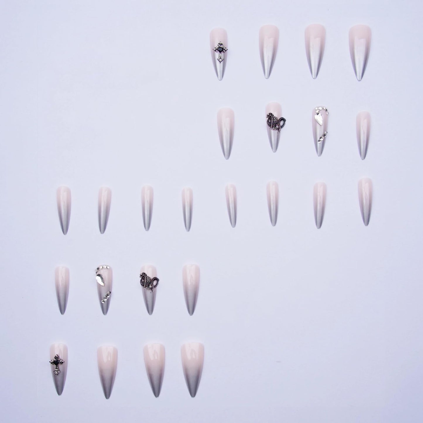 MISUD Press on Nails - Long Stiletto Fake Nails with Silver Chrome, Acrylic Goth Y2K Charms Design 24 pcs