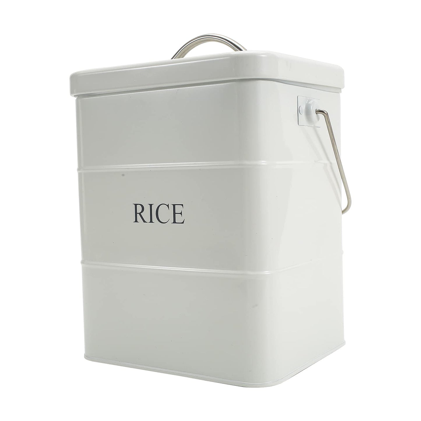 Xbopetda Metal Rice Storage Box, Square Rice Container with Lid and handle, Sealed Food Storage Bin for Kitchen, Countertop Organizer Jar for Rice Flour Soybean Grain Cereal-White