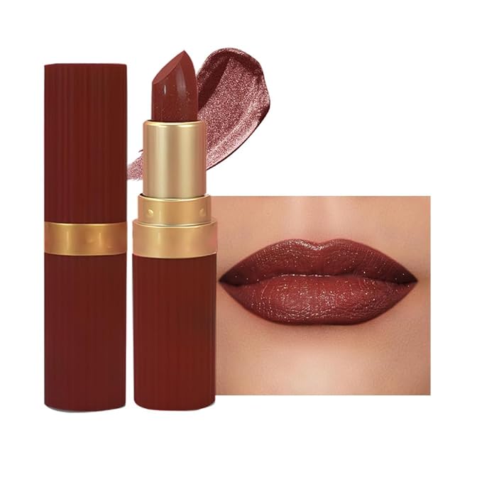 Brown Metallic Lipstick for Women,Lightweight Shimmer Frosted Lipstick,Glitter Lip Gloss Stain Long Lasting Waterproof Smudge Proof 24 Hour Full Coverage Lip Makeup,Vegan