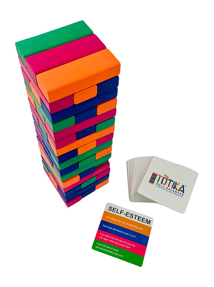 YEHUA! Totika Therapy Game Five Card Set with 48 Colored Stackable Blocks - Self Esteem, Junior, Teen/Adult, Life Skills and Icebreaker - A Game of Fun, Skill and Communication