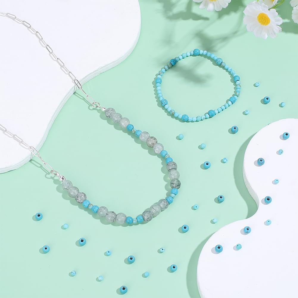 PH PandaHall 337PCS Synthetic Turquoise Beads 2/3/4mm Round Stone Beads Cracked Turquoise Bead Blue Texture Natural Gemstone Bead for Jewelry Making Bracelet Necklace Earrings DIY Craft Finding