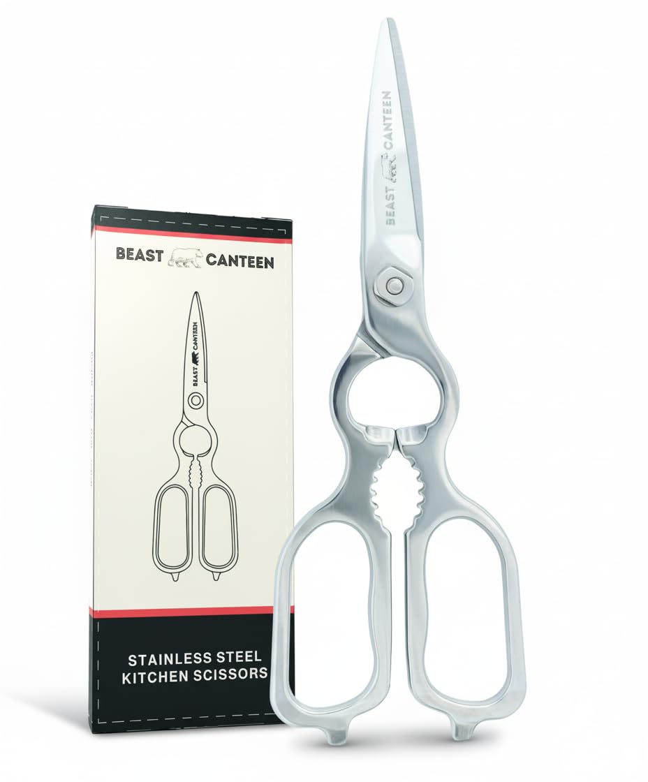 Heavy Duty Kitchen Scissors for Food — All Purpose Cooking Scissors, All Stainless Steel, No Plastic, Come-Apart Blades for Easy Cleaning, Dishwasher Safe, 5-in-1 Multi-Tool