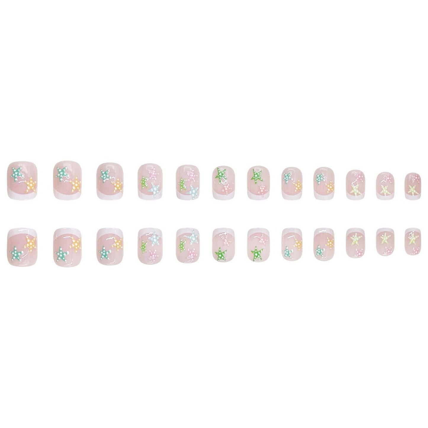 Summer Press on Nail White French Tip Fake Nails with Starfish designs Full Cover Embossed Stick on Nail Cute Glue on Nails Short Square False Nails for Women Beach 24pcs