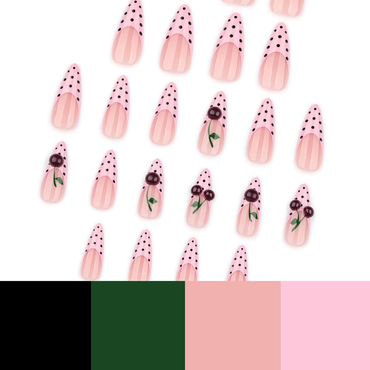 Pink French Press on Nails Almond, Long Fake Nails Black Polka Dot Nails Press ons with 3D Cherry Design,Acrylic Full Cover Glue on Nails, Spring Summer Cute Nail for Women Manicure Kit 24Pcs