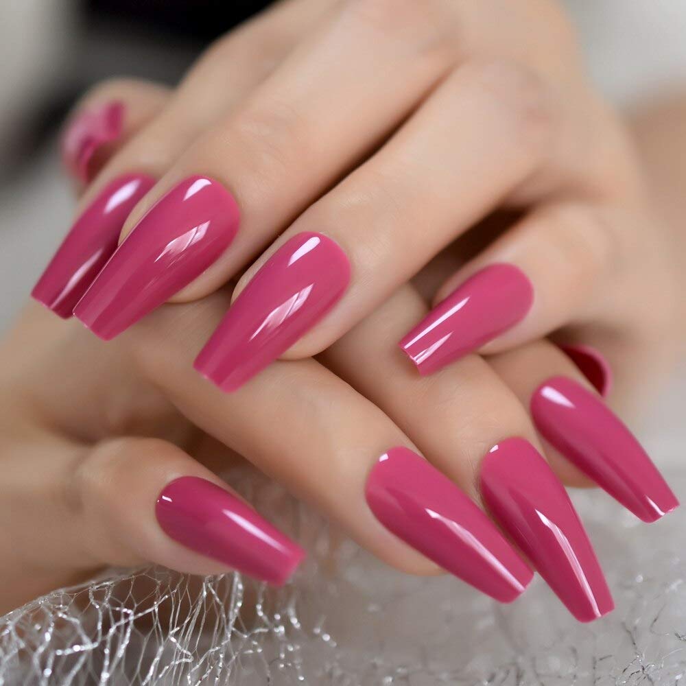 Coolnail Glossy 24pcs Dark Rose Pink Coffin False Nail Tips Acrylic Salon Full Cover Artificial Press On UV Fake Nails With Glue Sticker