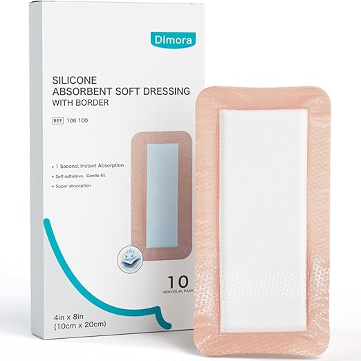 Dimora Silicone Ultra Absorbent Dressing Pads - Adhesive Wound Bandage with Gentle Border, Waterproof Soft Gauze for Post Surgical and Bed Sore Exudate Management 4"X 8" 10 Packs