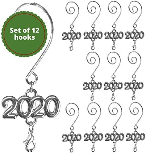 Christmas Ornament Hangers Dated 2020 - Set of 12 Shiny Silver Hooks with Lobster Claw Attachment - DIY Personalized Ornament Accessory Class of 2020 Decorations Parties Weddings First Christmas