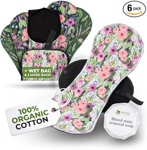Organic Cotton EcoComfort Reusable Period Pads for Heavy Flow & Incontinence (L+XL, 6-Pack); High-Temp Washable Cloth Pads for Women; Non-Irritating, Soft Reusable Pads Menstrual for Comfortable Care
