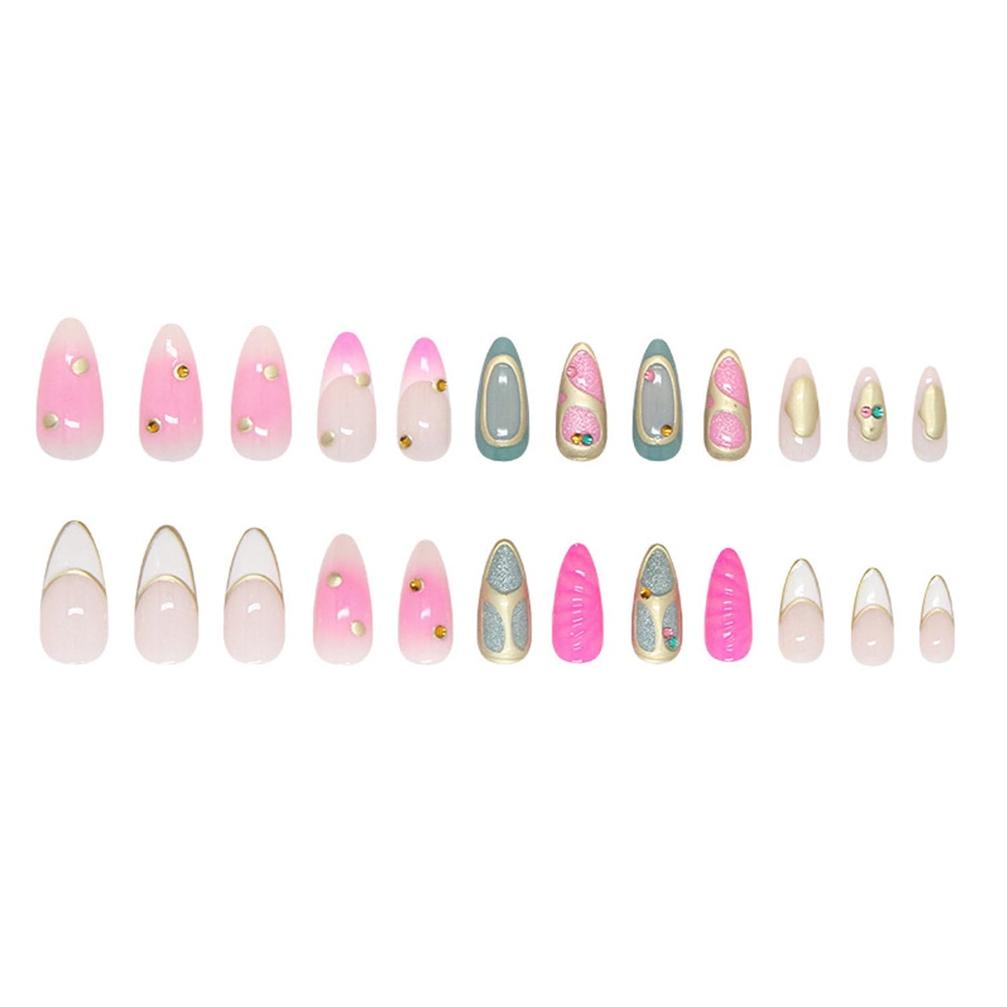 24Pcs White French Tip Press on Nails Medium Almond Fake Nails with 3D Sparkly Rhinestone Designs Chrome Gold False Nails Pink Smudge Full Cover Gilded Lines Glossy Artificial Stick on Nails for Women