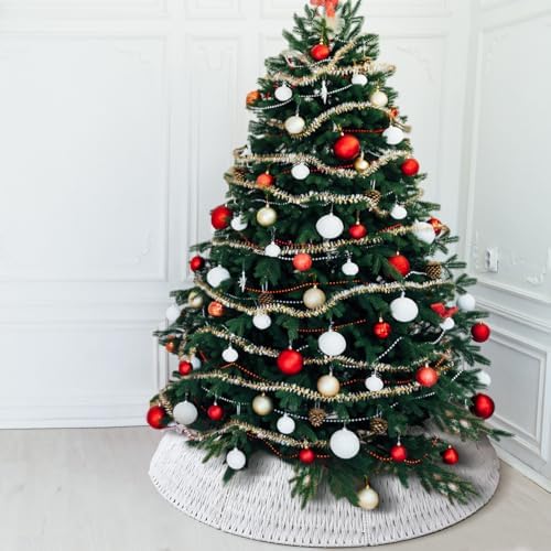 Preboun 40" Boho Farmhouse White Woven Christmas Tree Skirt - Rustic Base Cover for Christmas Tree Decoration
