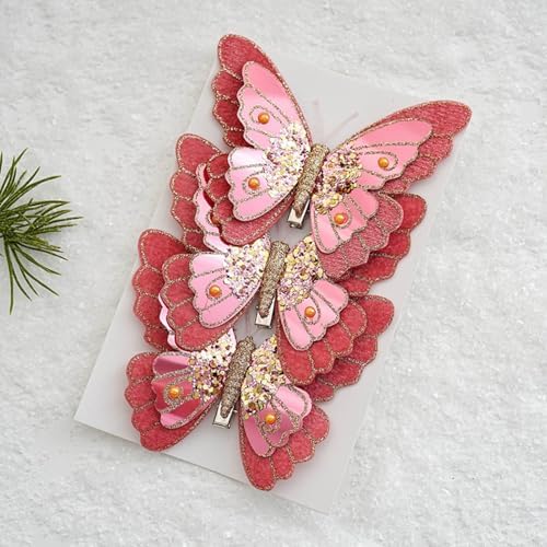 LEBETE Pack of 3 Double Layer Butterfly Christmas Tree Clips Accessory Elegant Fabric Ornaments for Holiday Decorations