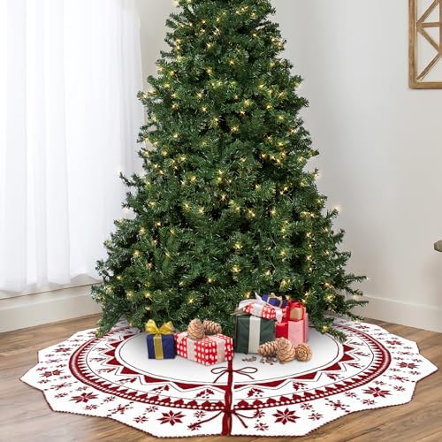 OurWarm Christmas Tree Skirt 60 Inch, Knit Red Tree Skirt with Poinsettia Pattern, Rustic Double-Sided Large Knitted Xmas Tree Skirt for Christmas Tree Indoor Holiday Party Christmas Decorations