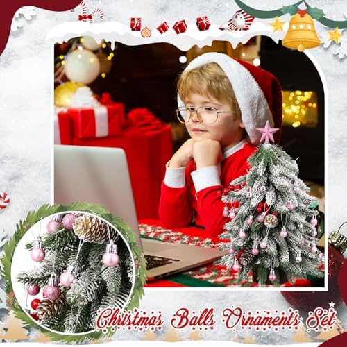 RoundFunny 25 Pcs Mini Christmas Balls Ornaments Set 0.79 Inch Christmas Day Ball Topper Star Tree Hanging Ornaments for Party Decoration(Pink)