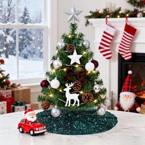 Emerald Green Christmas Tree Skirt Velvet Tree Skirt 21 Inch Small Sequin Tree Skirt Christmas Tree Mats Sparkle Rug for Christmas Tree Dark Green Tree Skirts for Slim Xmas Tree Decorations